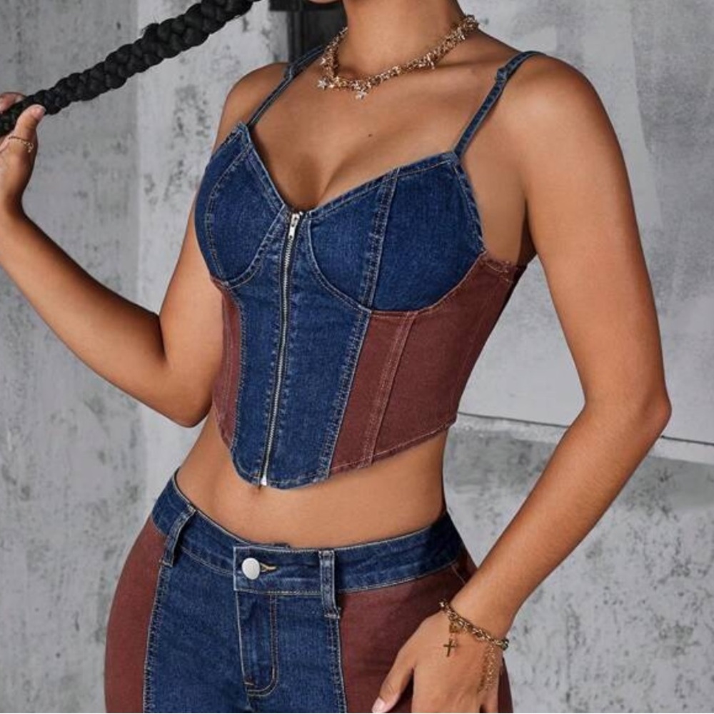 NWOT SHEIN Denim and Brown Two-Tone Corset Camisole Top